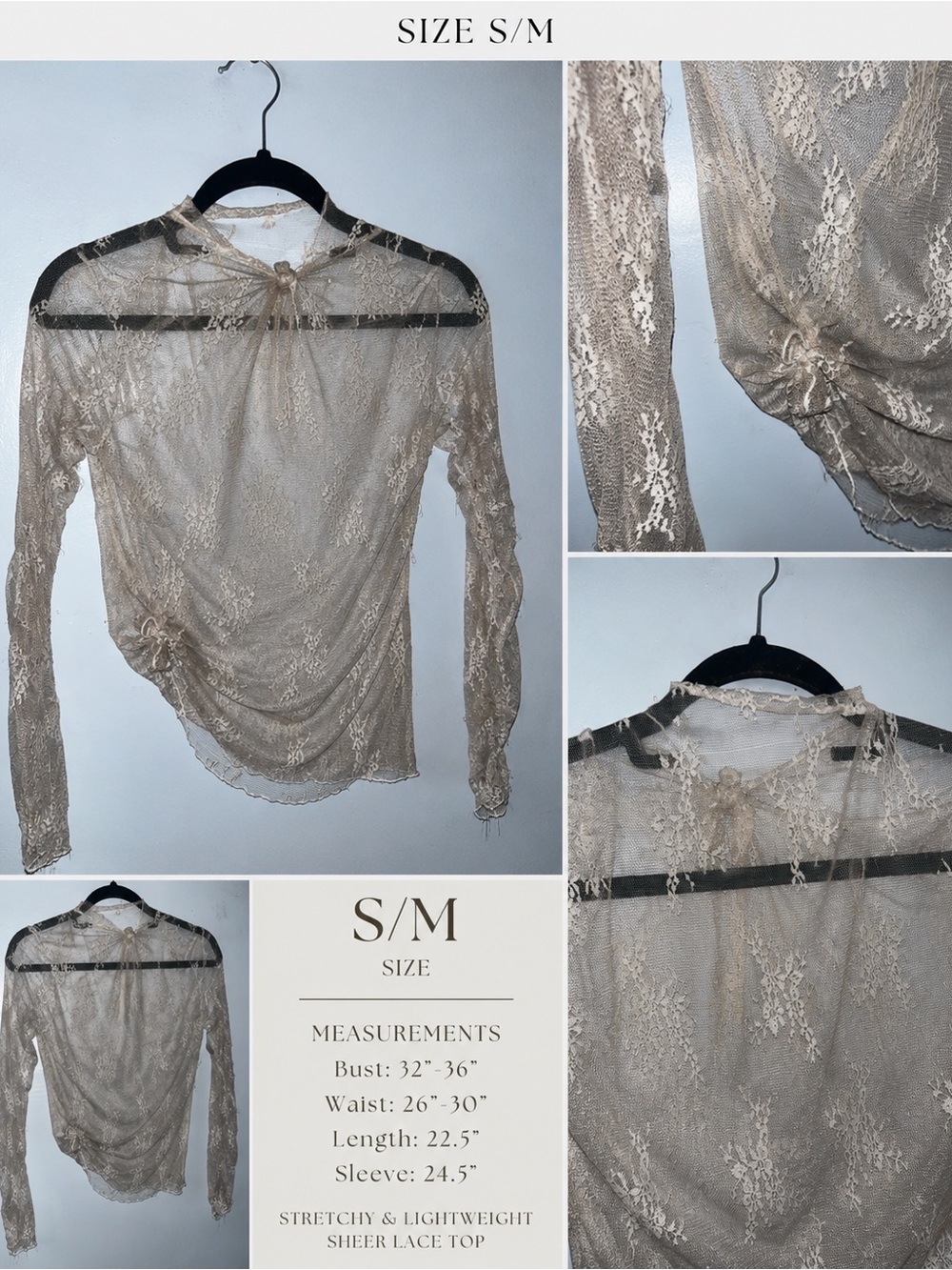 Aeropostale Sheer Floral Lace Tie-Neck Blouse in Beige